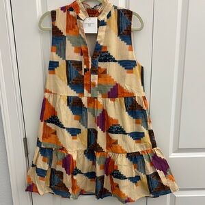 THML Orange and Blue Sleeveless Sundress with Mandarin Collar